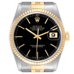 Rolex Datejust 36 Steel Yellow Gold Black Dial Mens Watch 16233 Box Papers