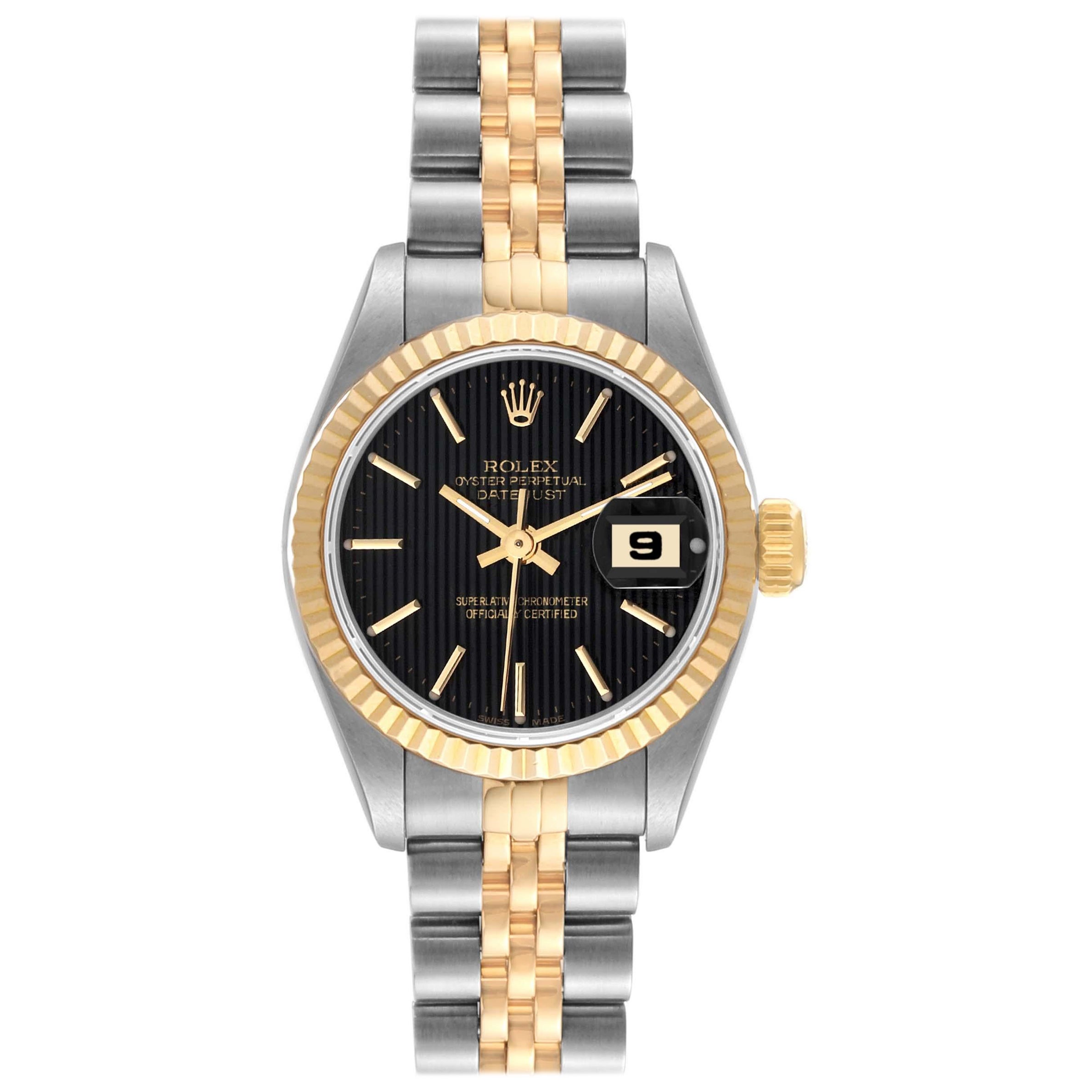Rolex Datejust Steel Yellow Gold Black Tapestry Dial Ladies Watch 69173