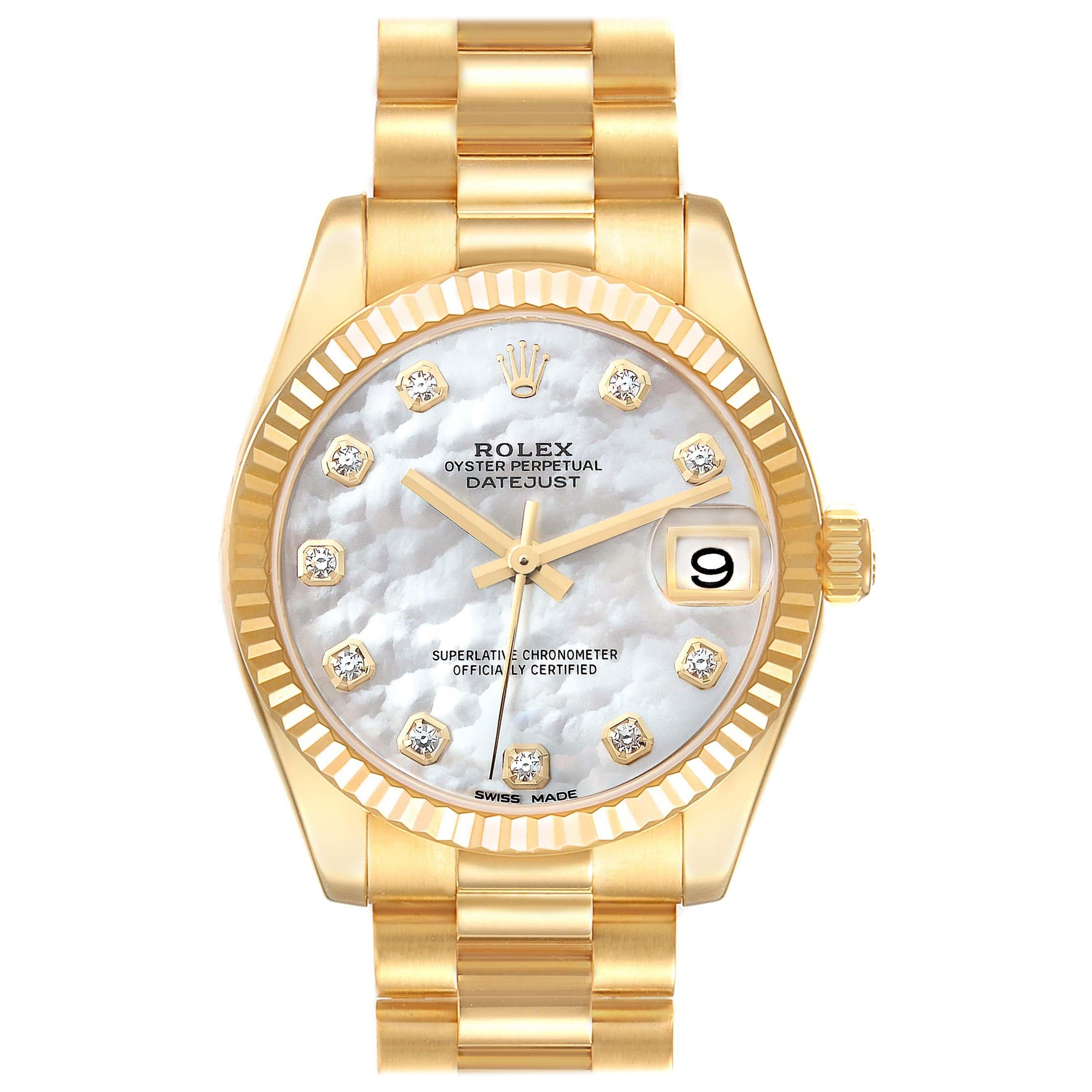 Rolex President Midsize Yellow Gold Mother Of Pearl Diamond Dial Ladies Watch