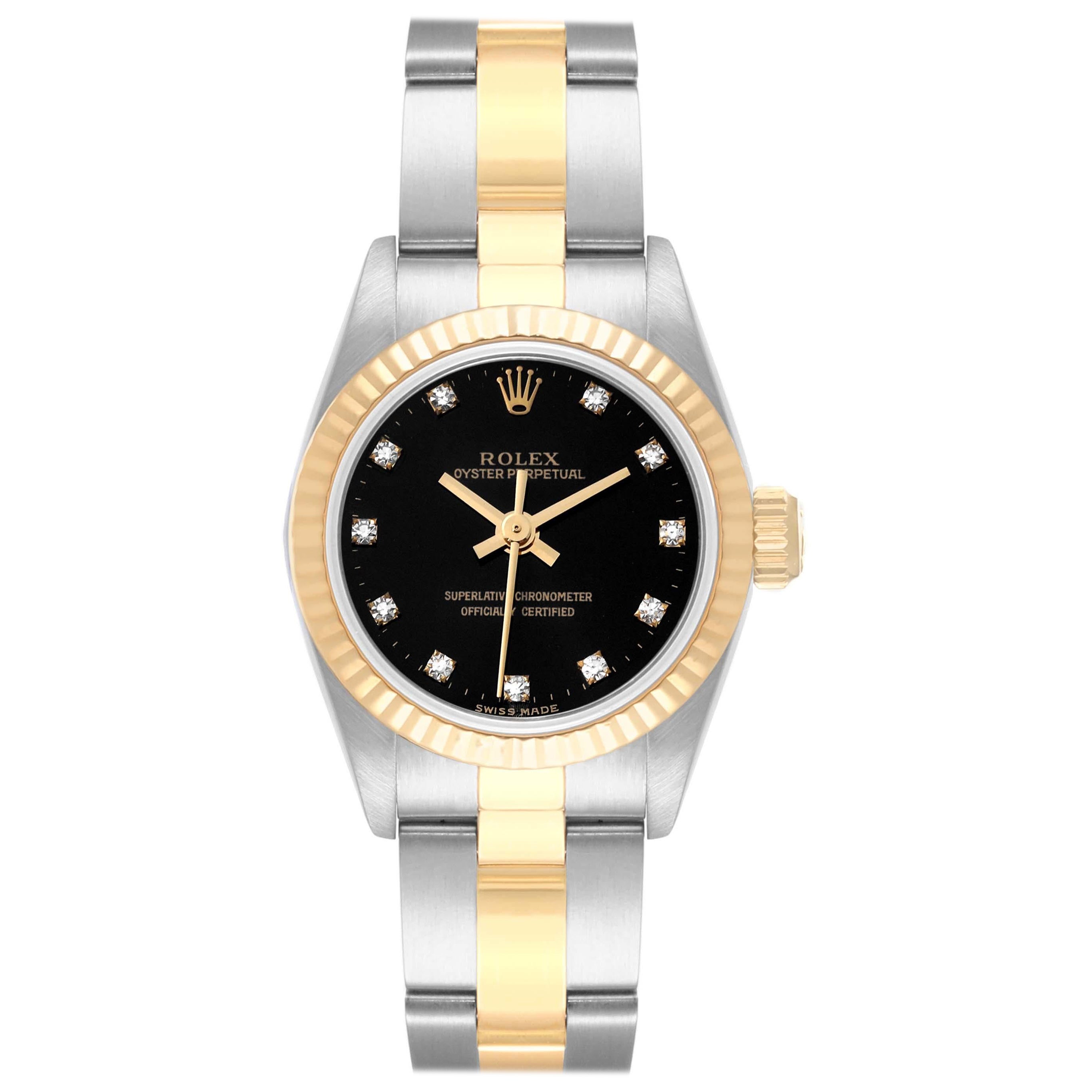 Rolex Oyster Perpetual Steel Yellow Gold Black Diamond Dial Ladies Watch 67193