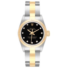Rolex Oyster Perpetual Steel Yellow Gold Black Diamond Dial Ladies Watch 67193