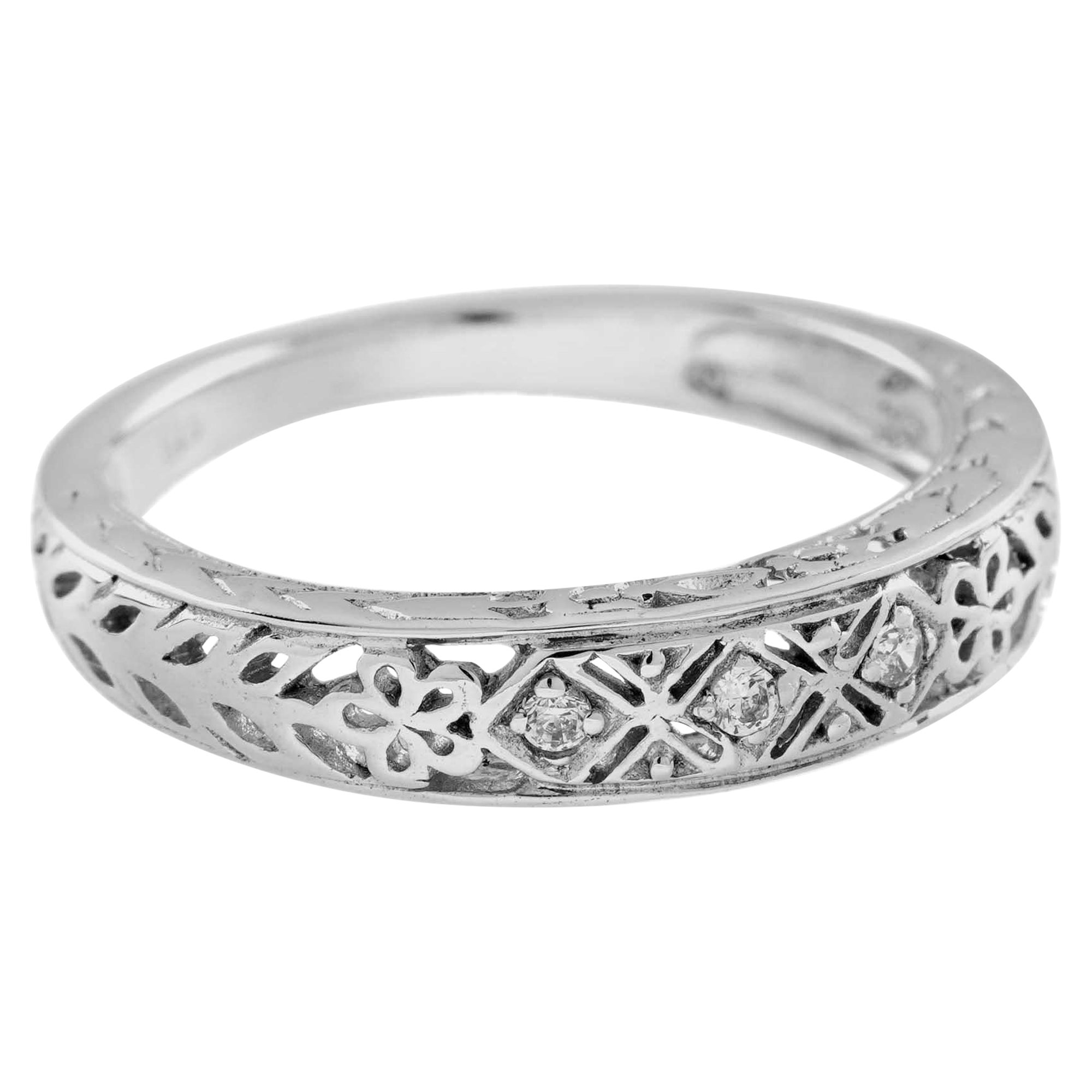 Natural Diamond Vintage Stye Floral Filigree Band Ring in Solid 9K White Gold