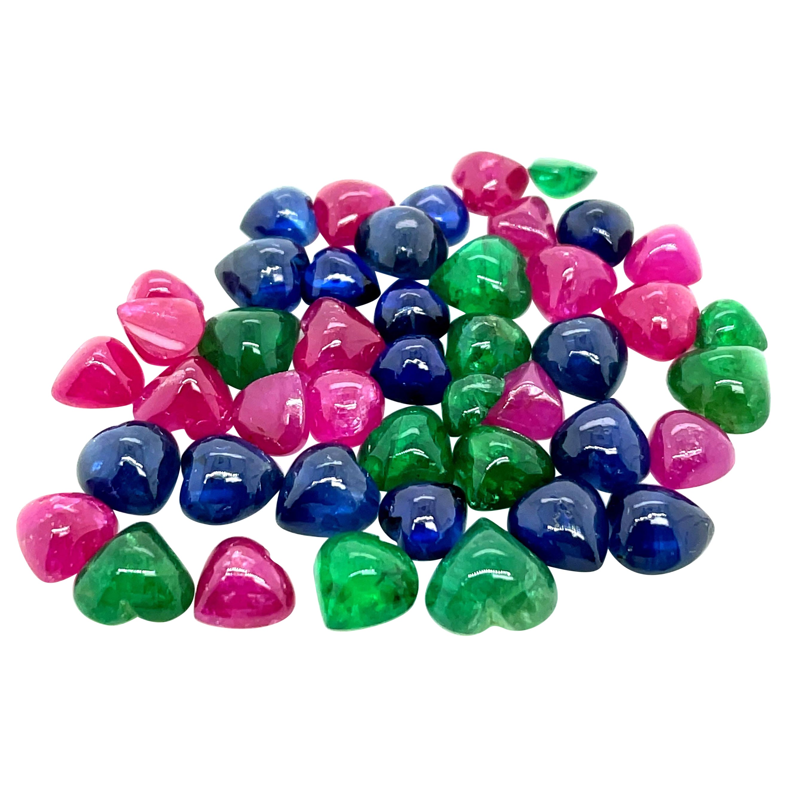 45 Heart-Shaped Emerald Ruby and Sapphire Cabochon Cts 40.54 For Sale