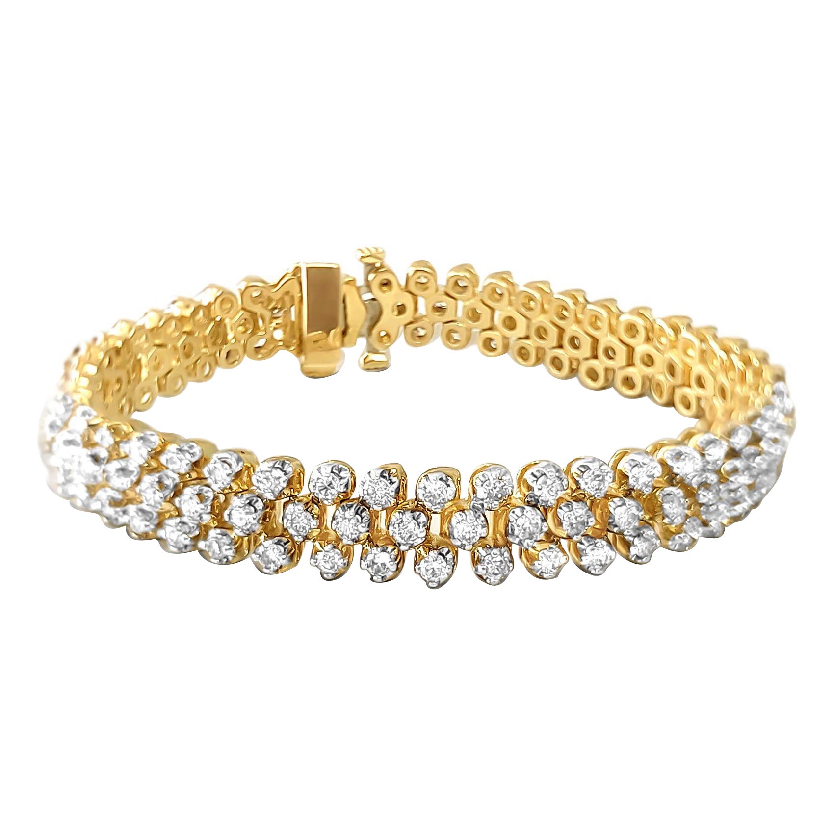 Three Row Diamond Cluster Tennis Bracelet 4.05cttw 14k Yellow Gold For Sale