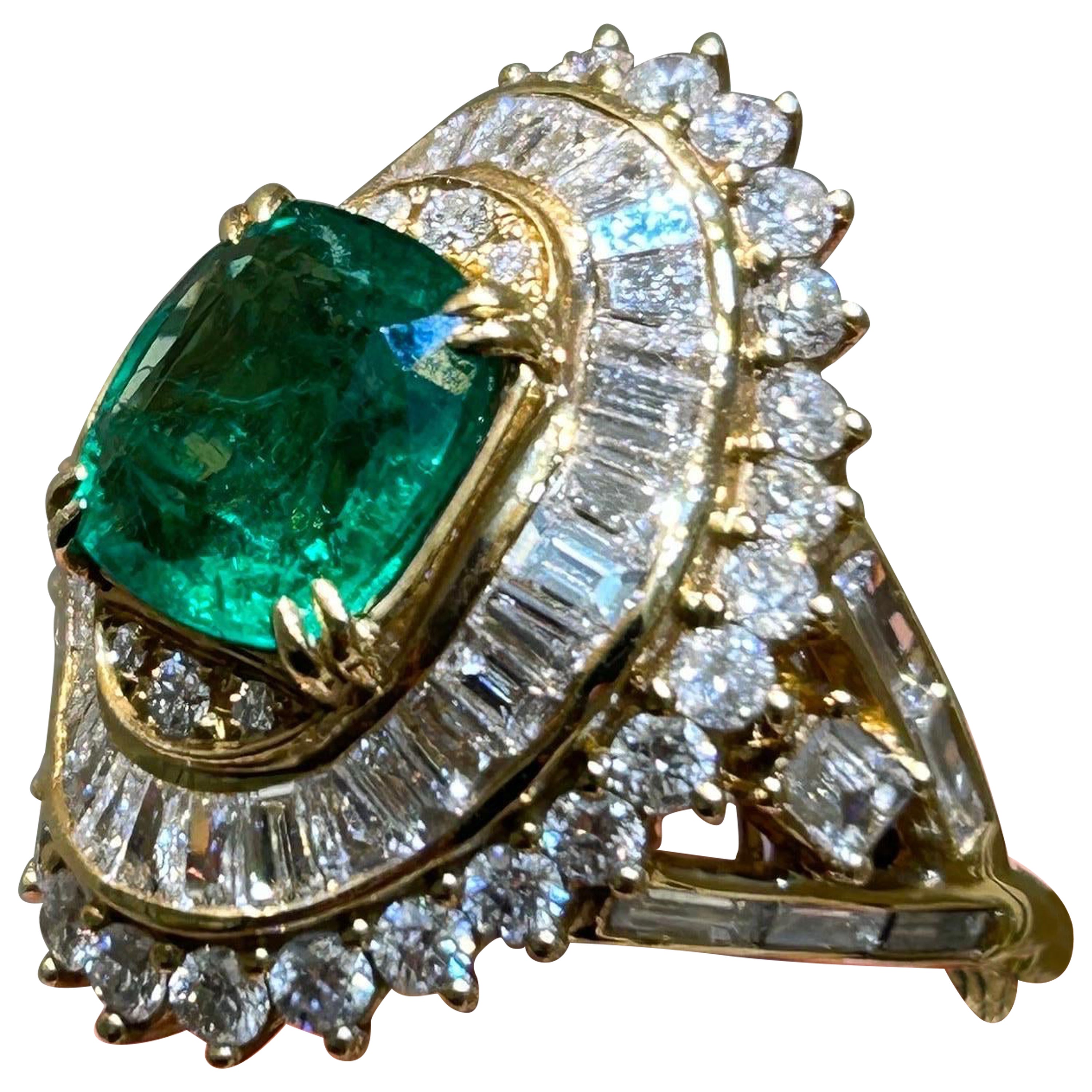 3.83 Carat Cushion Shape Emerald and Diamond Cocktail Ring For Sale