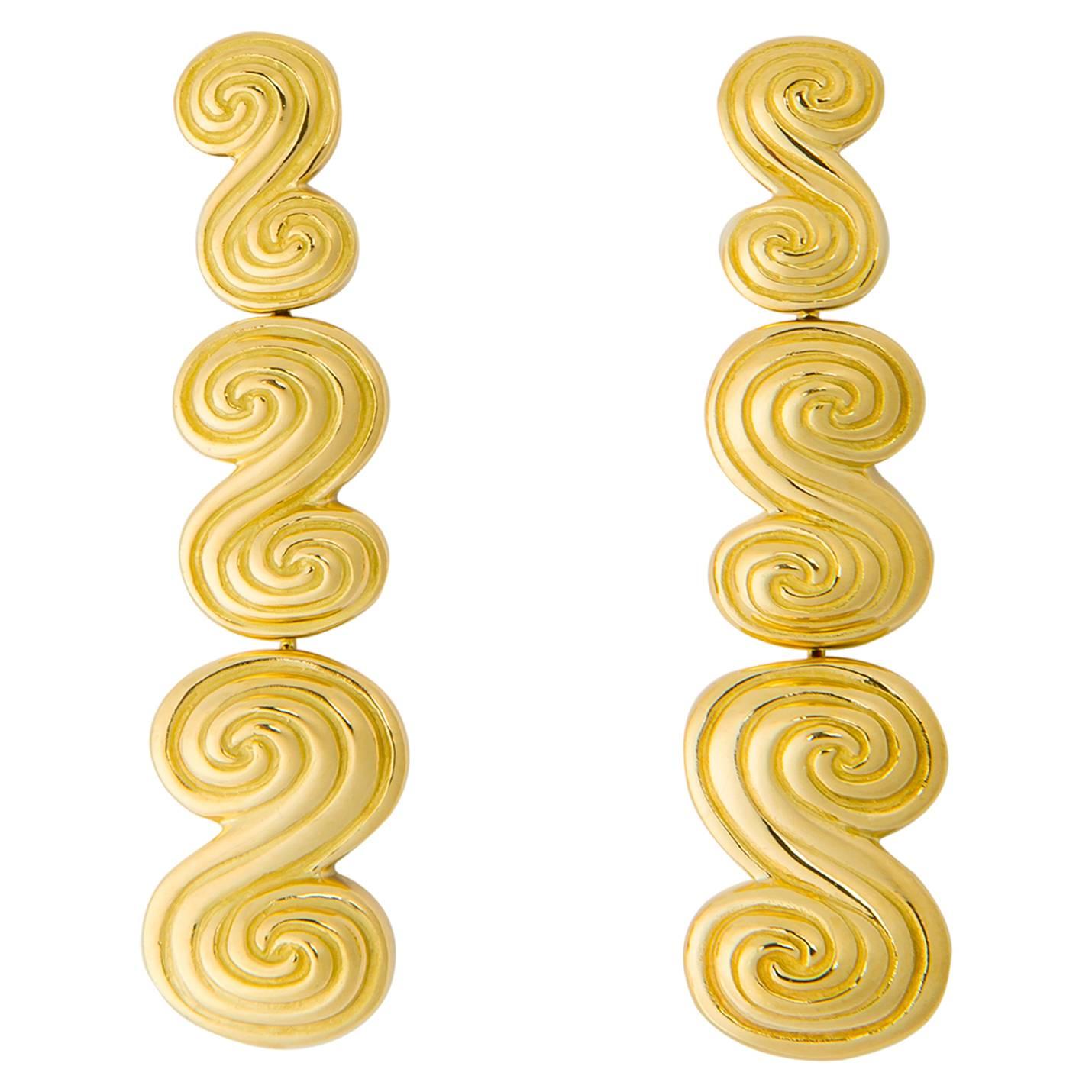 Tiffany & Co. Triple Scroll Gold Drop Earrings