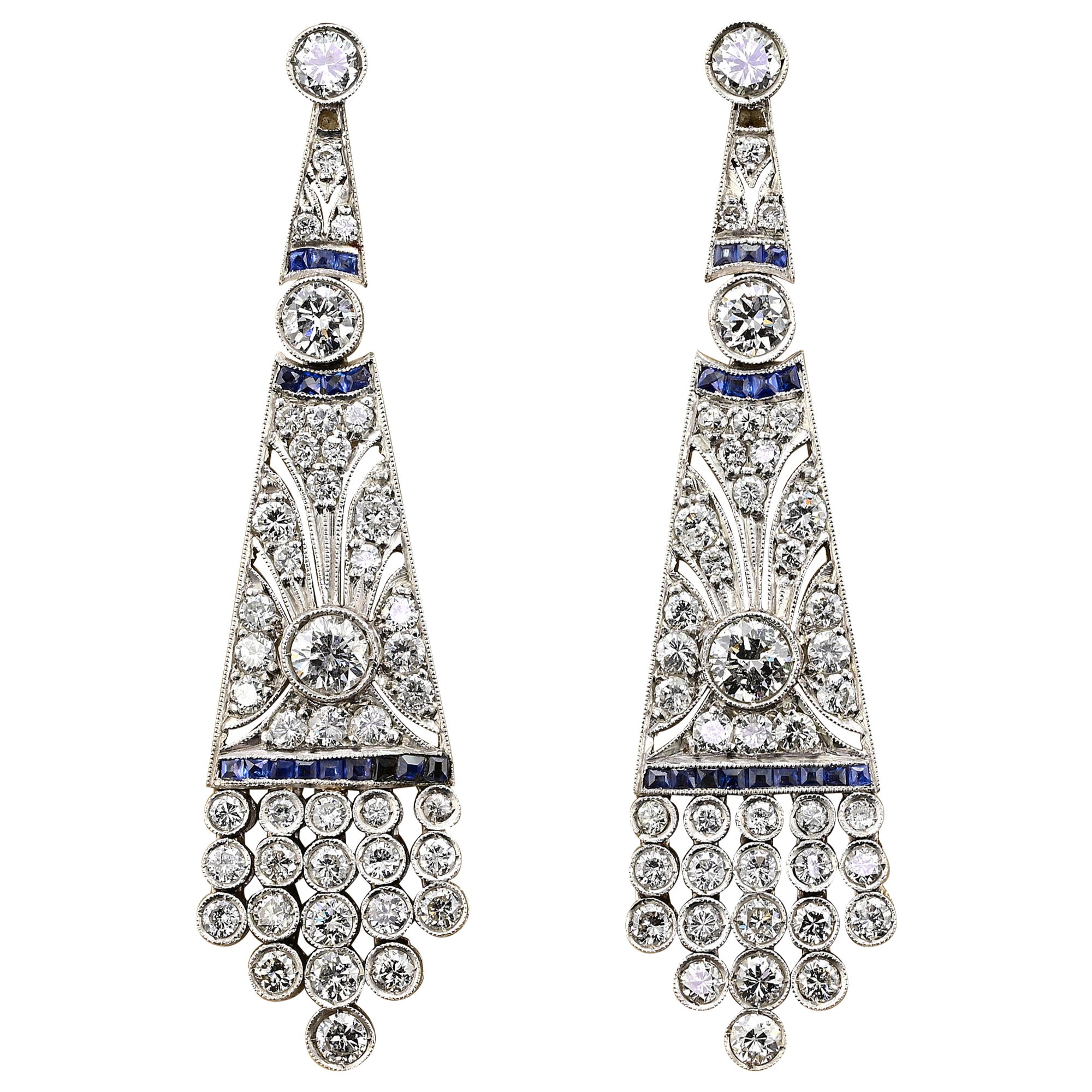 Art Deco 4.0 Ct Diamond Sapphire Platinum Earrings