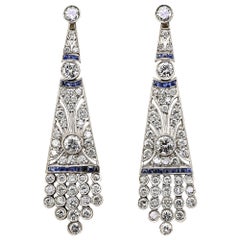 Antique Art Deco 4.0 Ct Diamond Sapphire Platinum Earrings