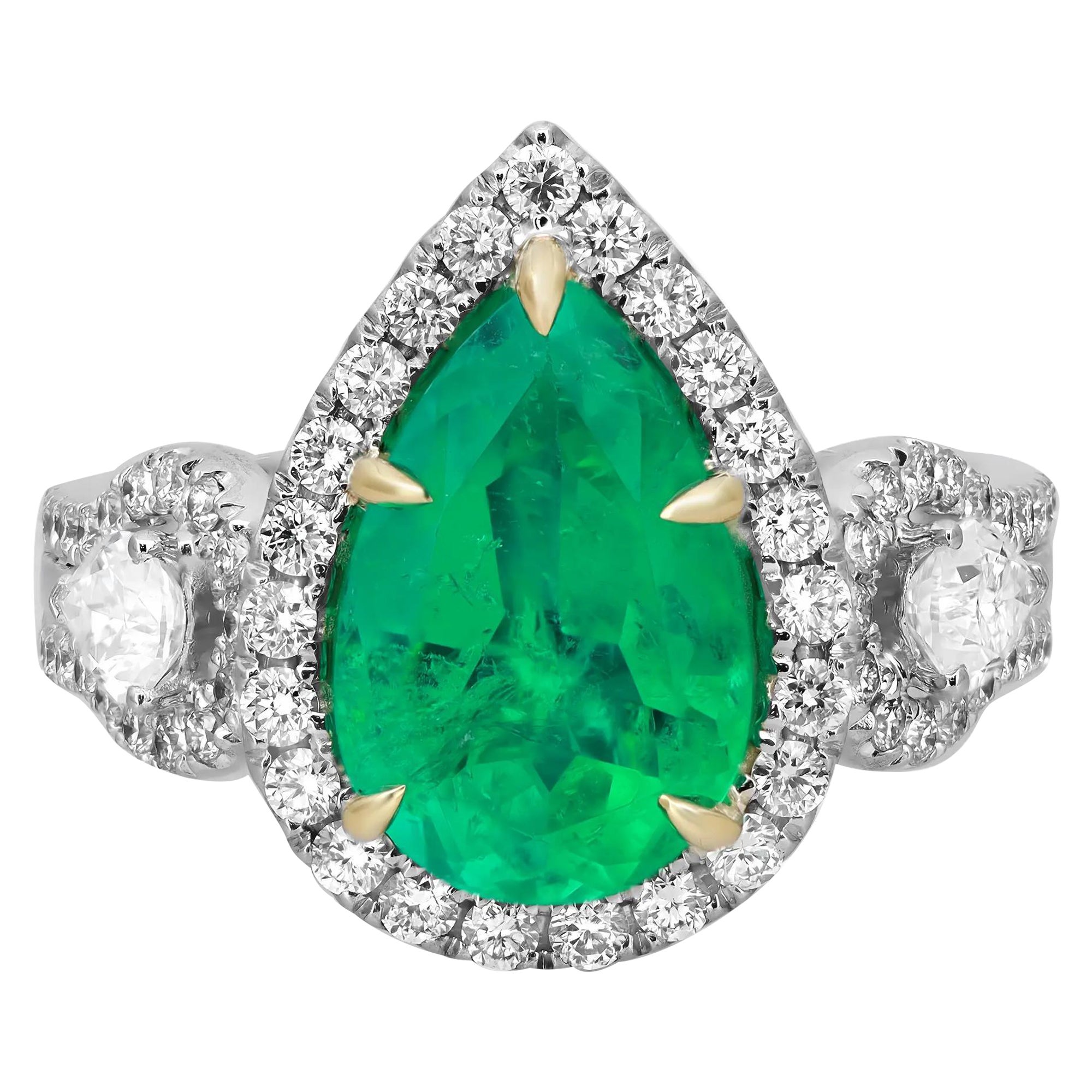Pear Cut Colombian Emerald & Diamond Cocktail Ring 18K White Gold Size 6 For Sale