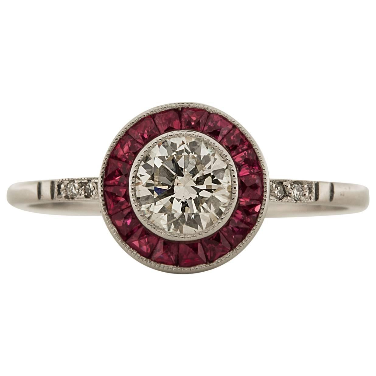 .46 Carat Old European Cut Diamond Ring with Ruby Accents For Sale