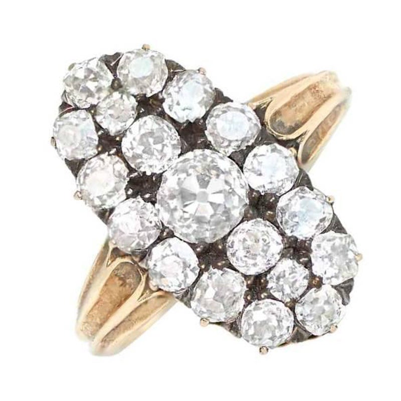 Antique 0.45ct Diamond Cluster Ring, Diamond Halo, Silver & 18k Yellow Gold For Sale