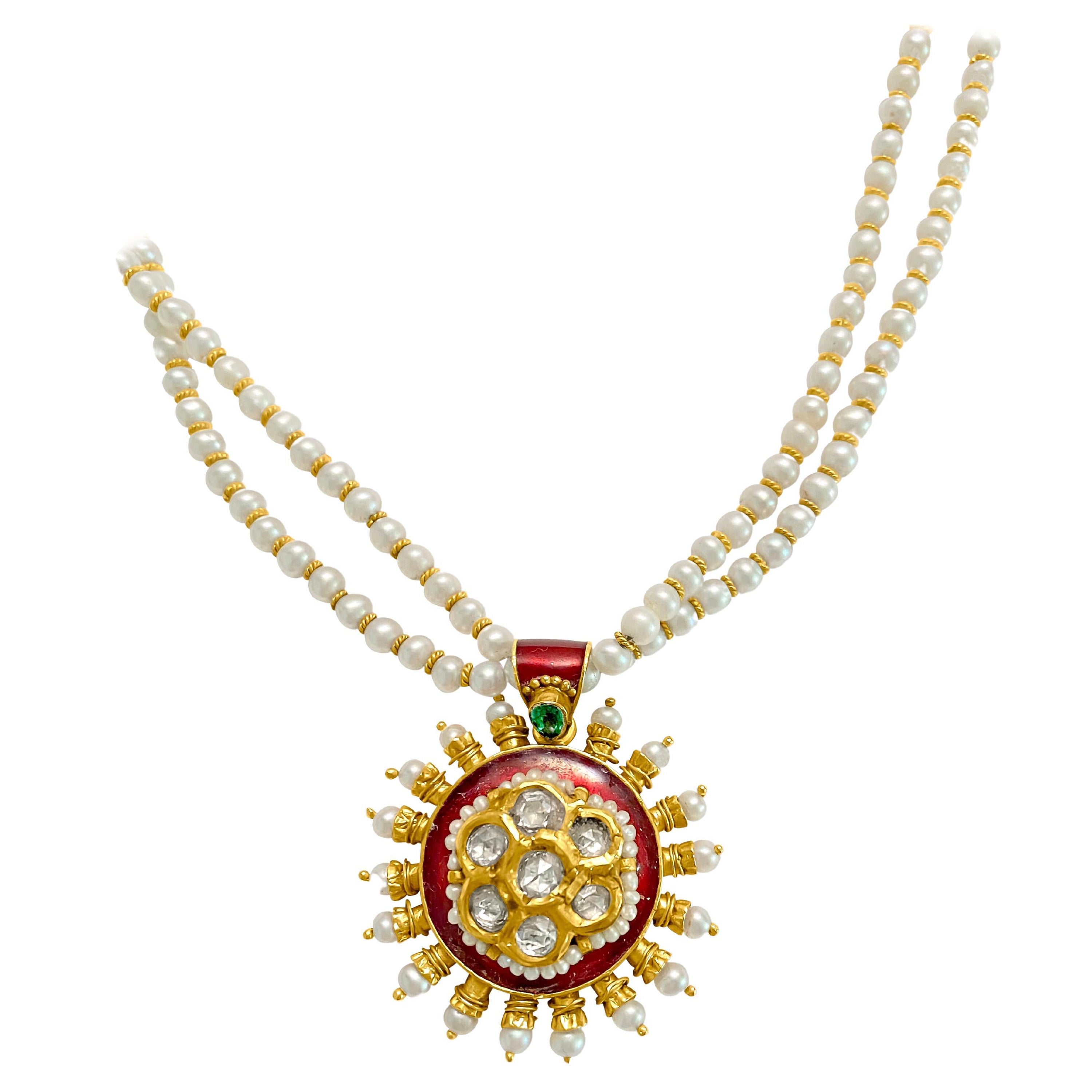 22k Gold Natural Basra Pearl Diamond Emerald Necklace. For Sale