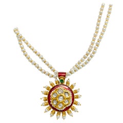 22k Gold Natural Basra Pearl Diamond Emerald Necklace.