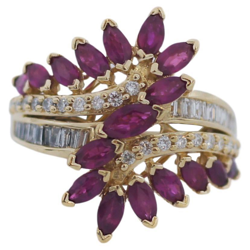 Effy 14K Yellow Gold Diamond and Natural Ruby Ring For Sale