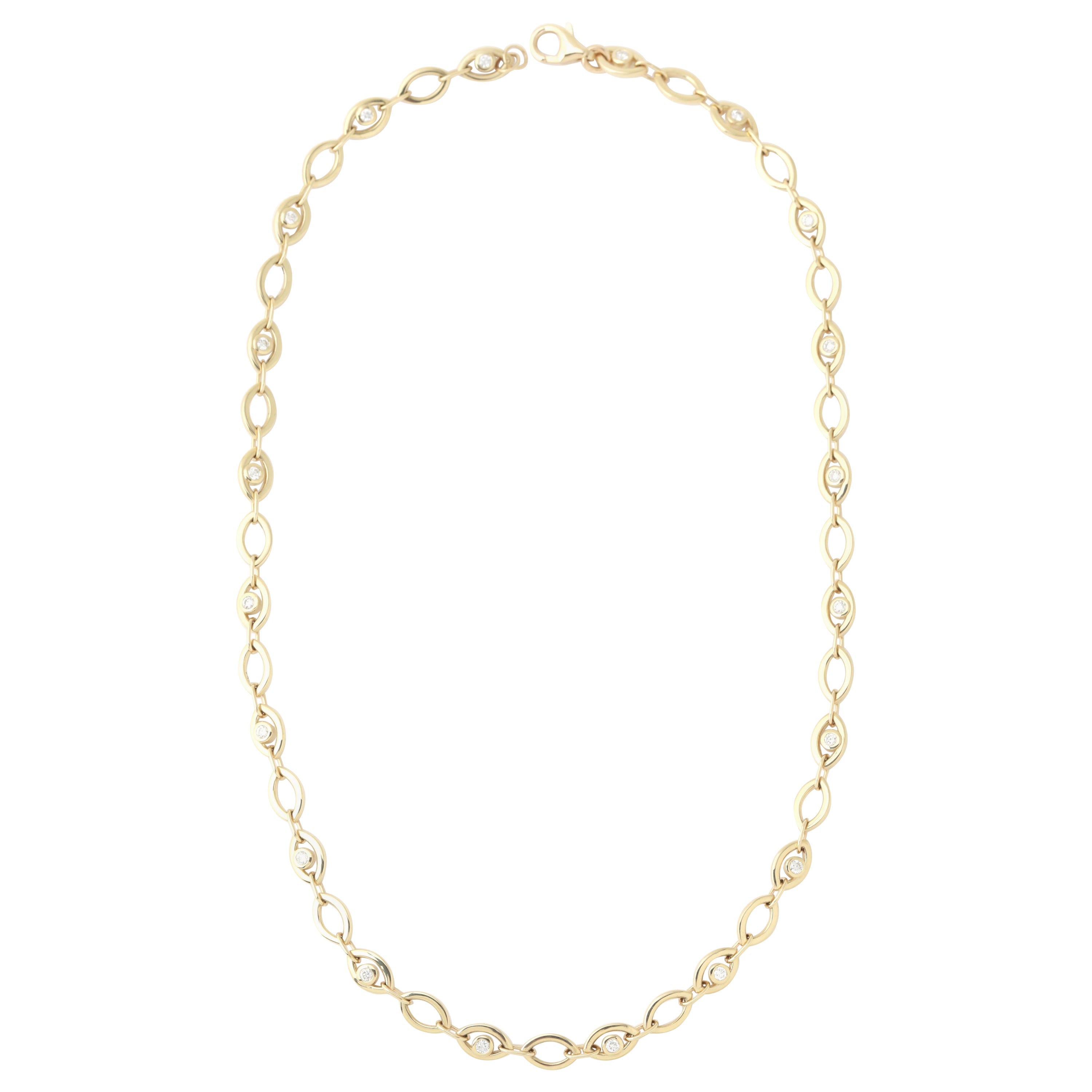 14k Yellow Gold Eye White Diamond Tennis Necklace For Sale