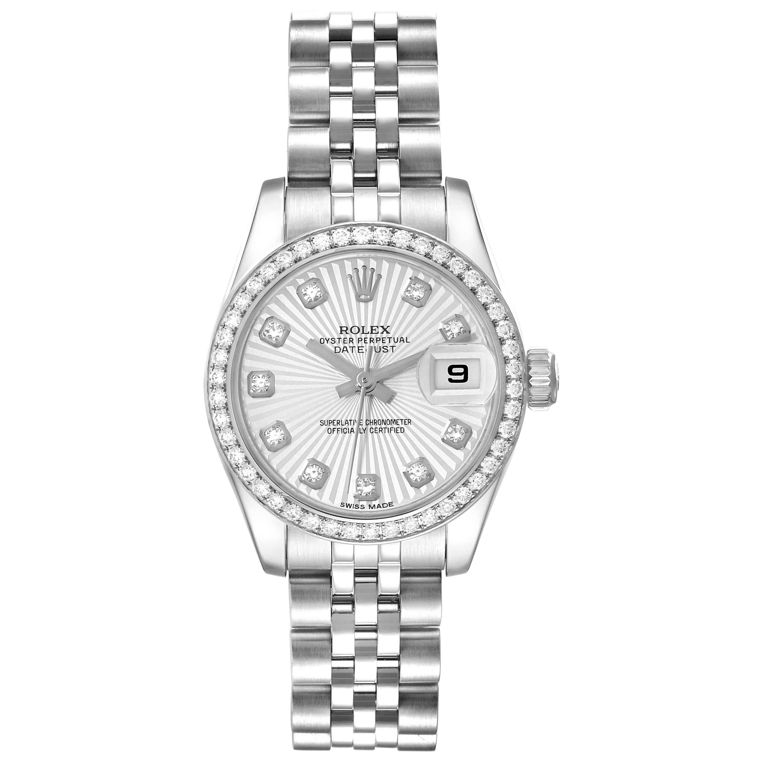 Rolex Datejust 26 Steel White Gold Sunburst Dial Diamond Ladies Watch 179384 en vente