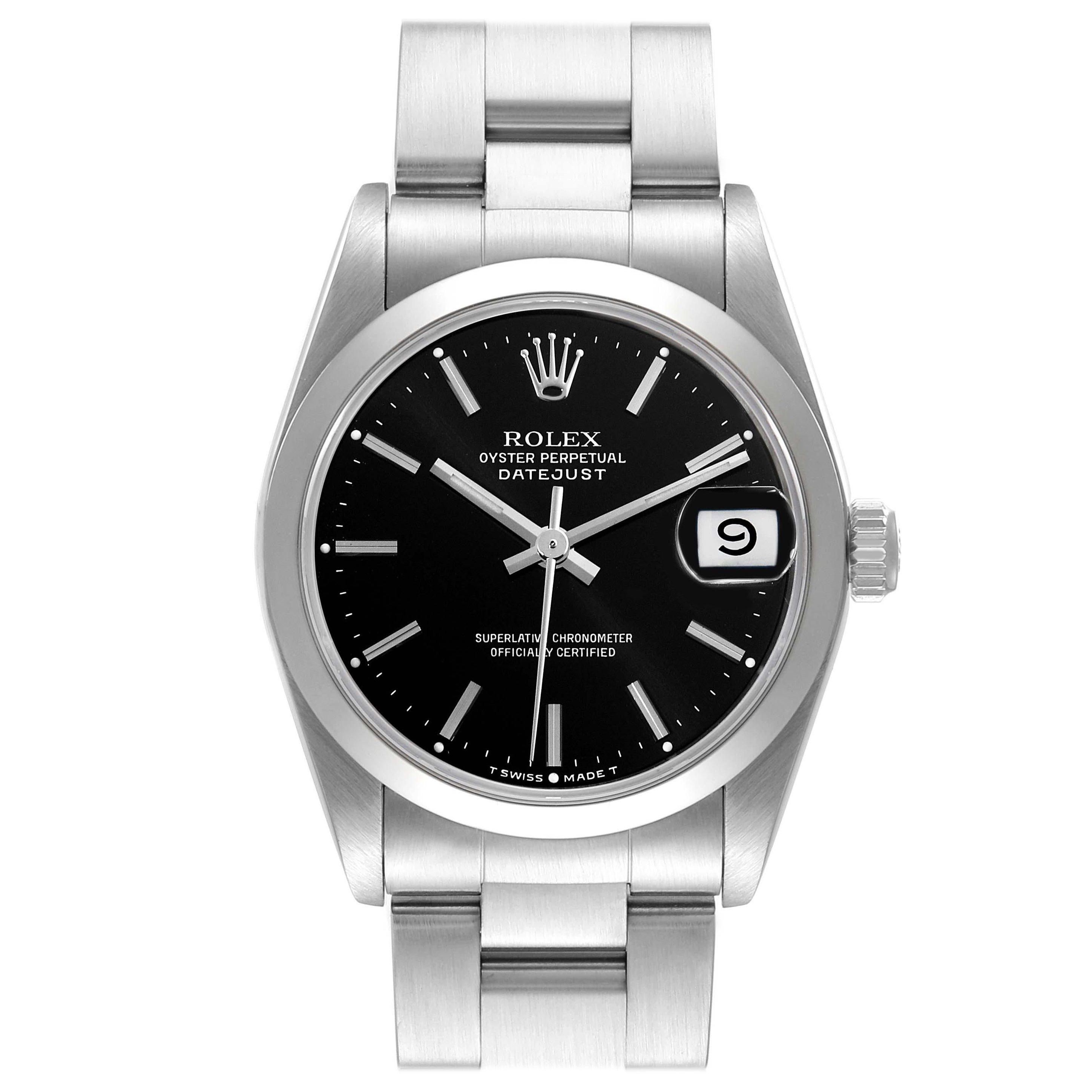 Rolex Midsize Datejust 31 Black Dial Domed Bezel Ladies Steel Watch 68240