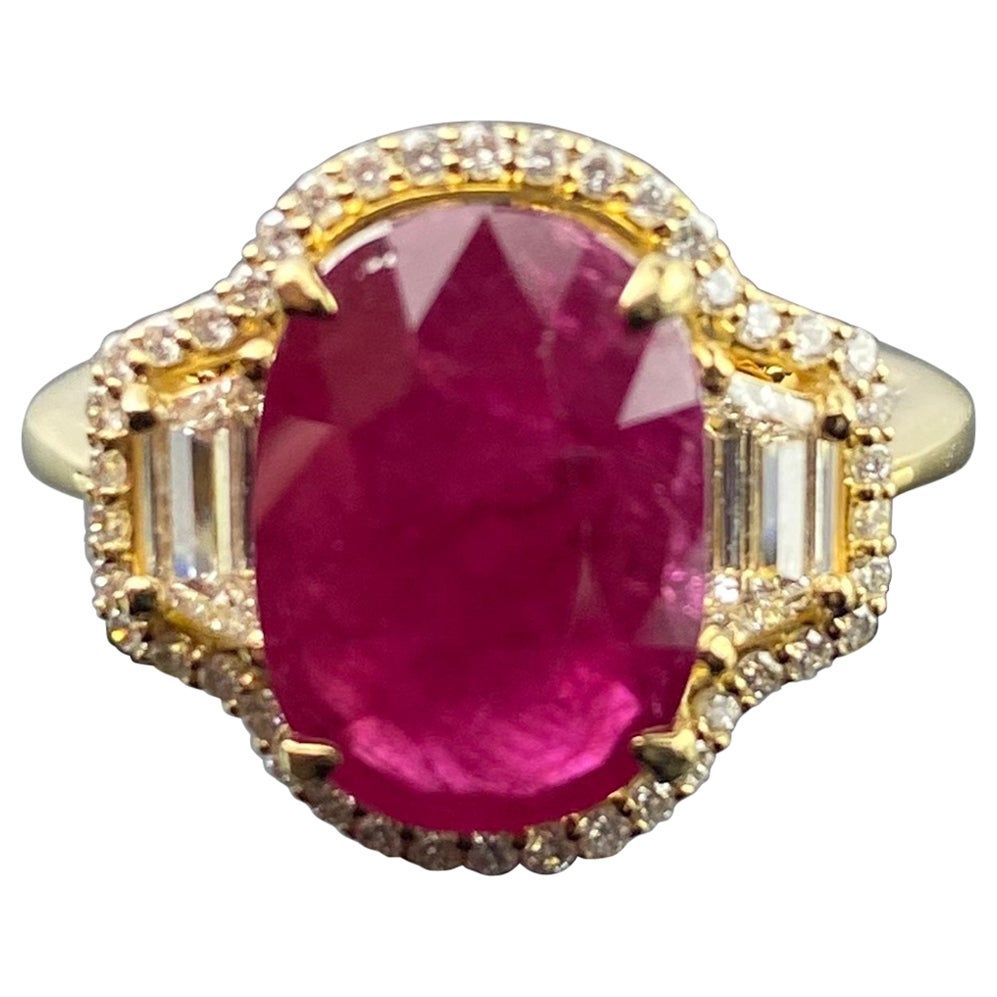 Certified 4.94 carat Ruby And Diamond Three Stone Engagement Ring For Sale