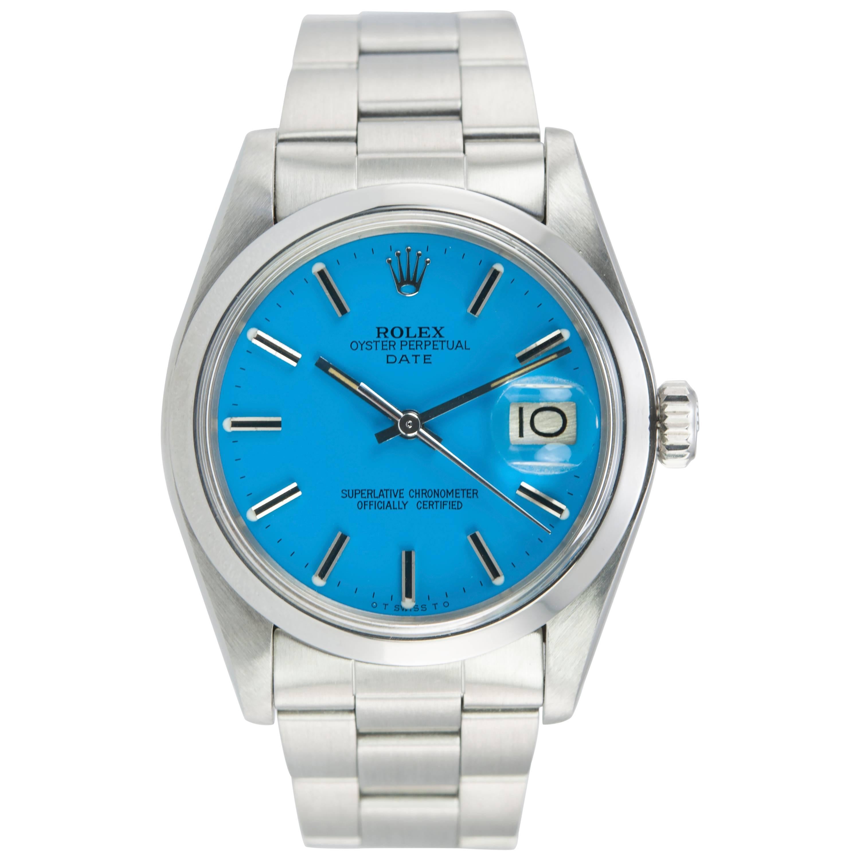 Rolex Stainless Steel Custom Blue Dial Oyster Date Wristwatch Ref 1500