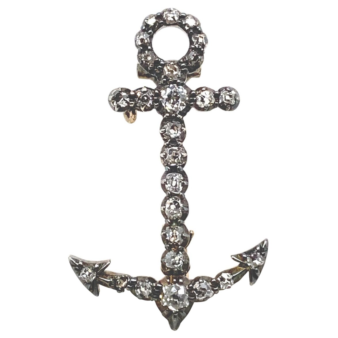 Victorian Diamond Set Anchor Brooch Silver and Yellow Gold