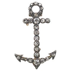 Antique Victorian Diamond Set Anchor Brooch Silver and Yellow Gold