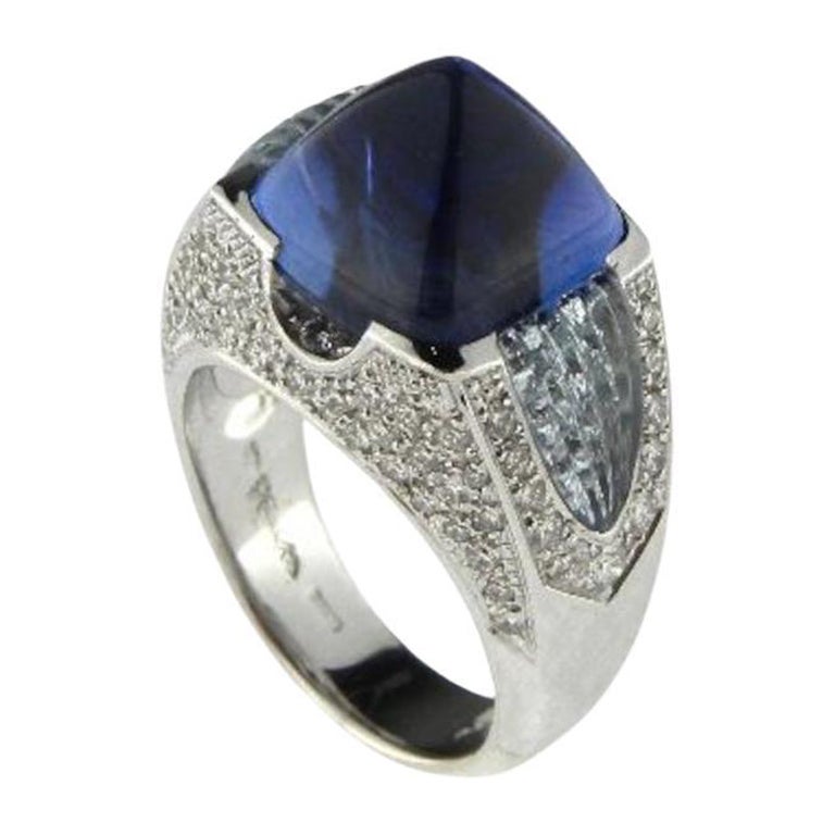 SCAVIA Katrina Natural Sapphire Diamonds Blu Topaz Ring For Sale