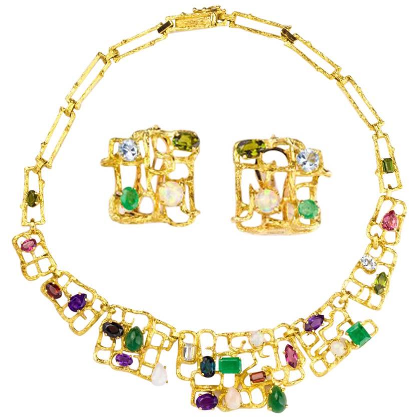 1970s Multi Gem gold Necklace Earring Set