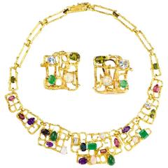 1970s Multi Gem gold Necklace Earring Set 2