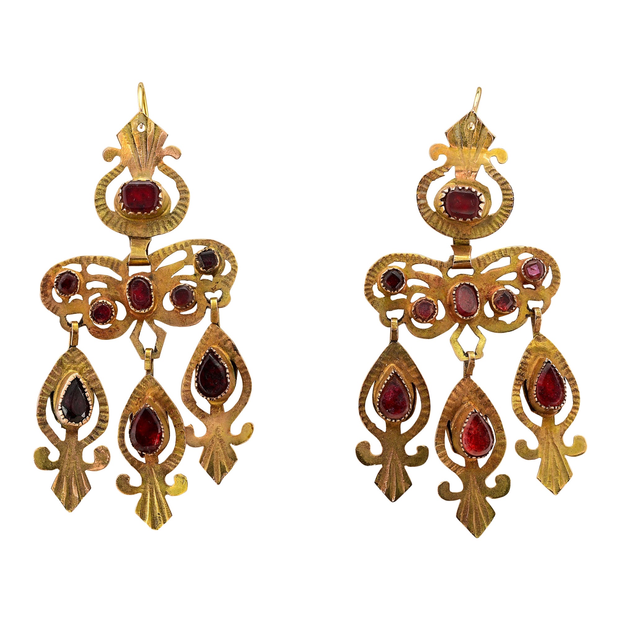 Georgian Rococo Red Paste Stone 9 KT Gold Bow Earrings For Sale