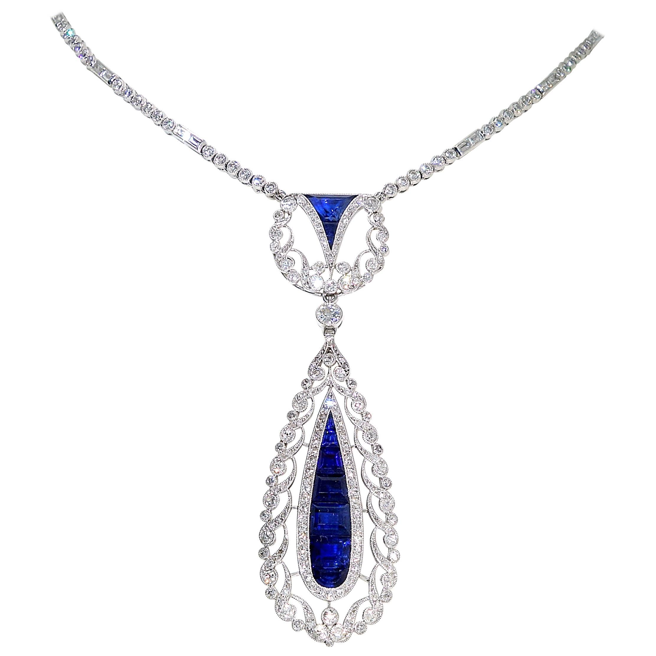 1930s Art Deco Sapphire Diamond Platinum Pendant Necklace