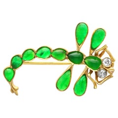 Antique 1.95Ct Chrysoprase and 0.14Ct Diamond 15k Yellow Gold Dragonfly Brooch