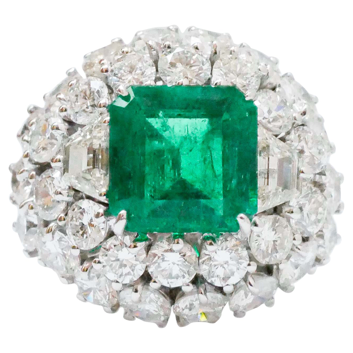 3.39 Carat Emerald, Diamonds, 18 Karat White Gold Ring.