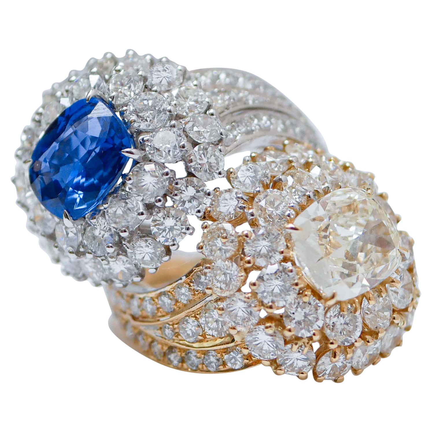 Sapphire, Diamonds, 18 Karat White Gold and Yellow Gold Ring. For Sale