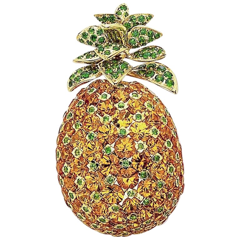 Cellini 18KT YG Pineapple Brooch with 21.75 Carat Orange Garnets and Tsavorites For Sale