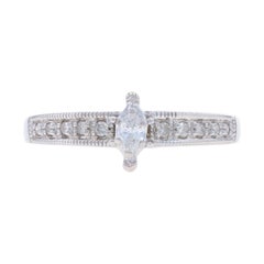 White Gold Diamond Engagement Ring - 10k Marquise .24ctw Milgrain