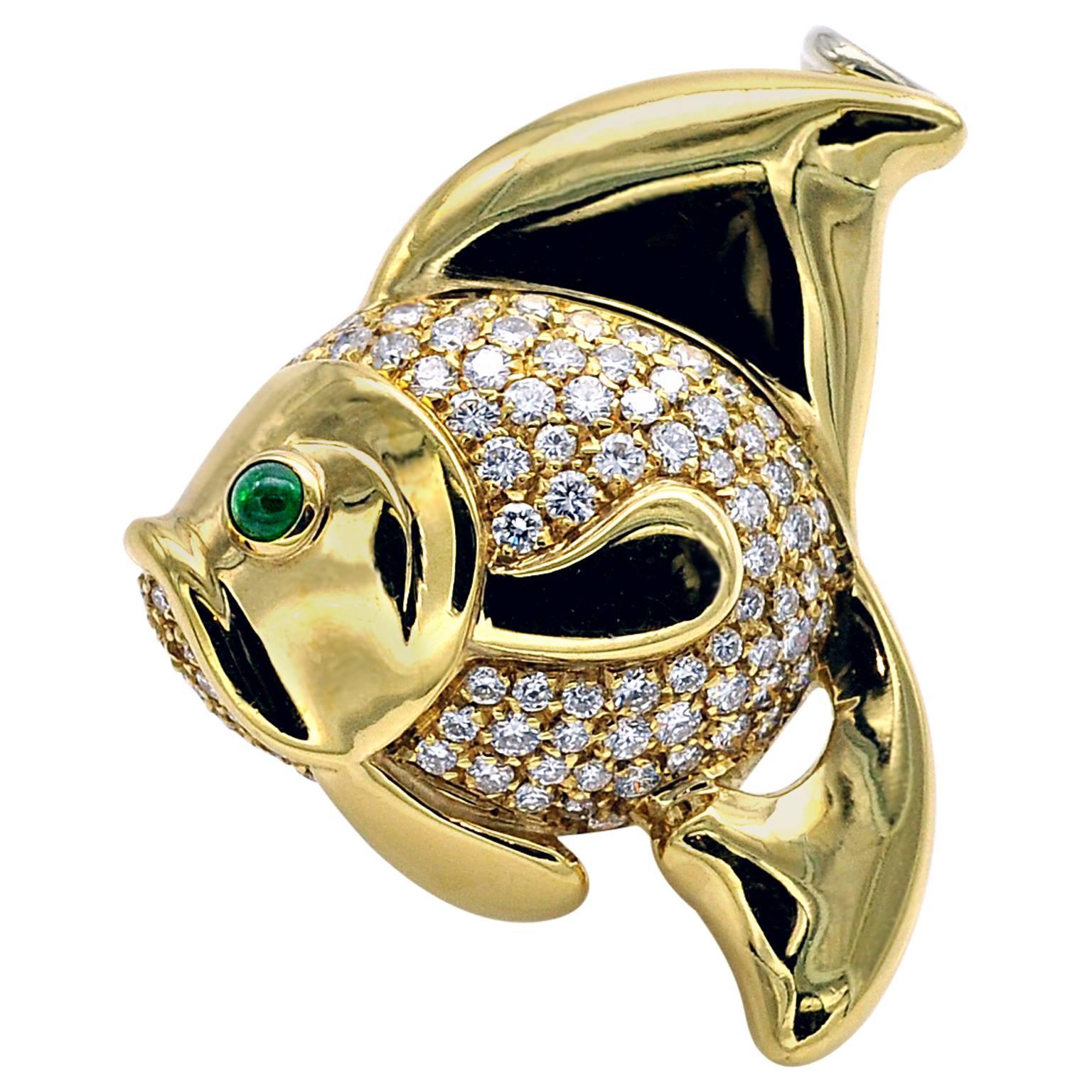 Emerald Diamond Gold Fish Brooch / Pendant Necklace