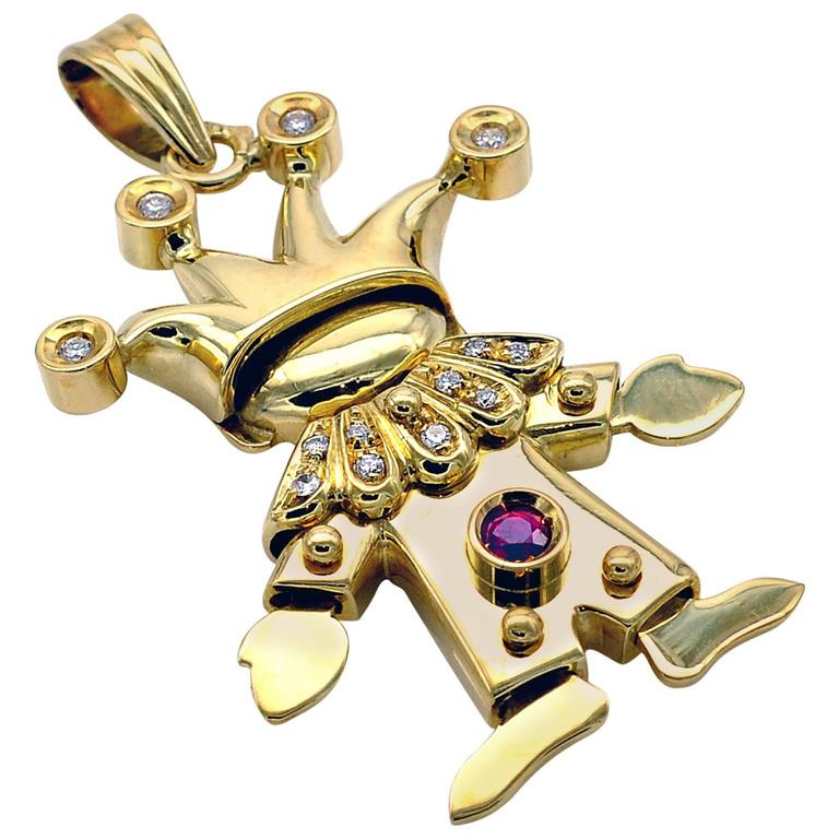 Ruby Diamonds and Gold Jester Pendant Charm For Sale