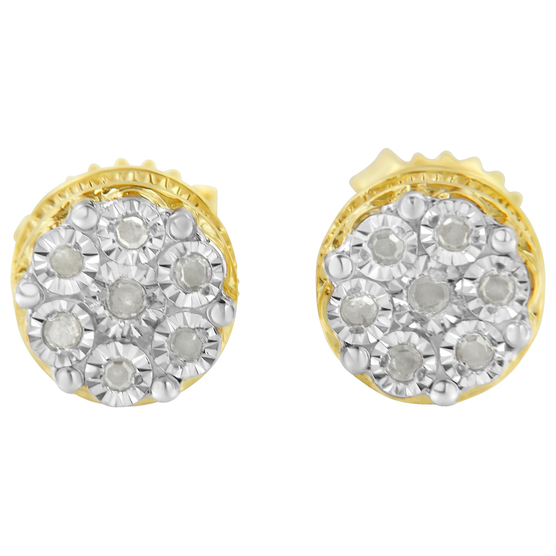 14K Yellow Gold over Silver 1/7 Carat Diamond Miracle Set Stud Earrings For Sale