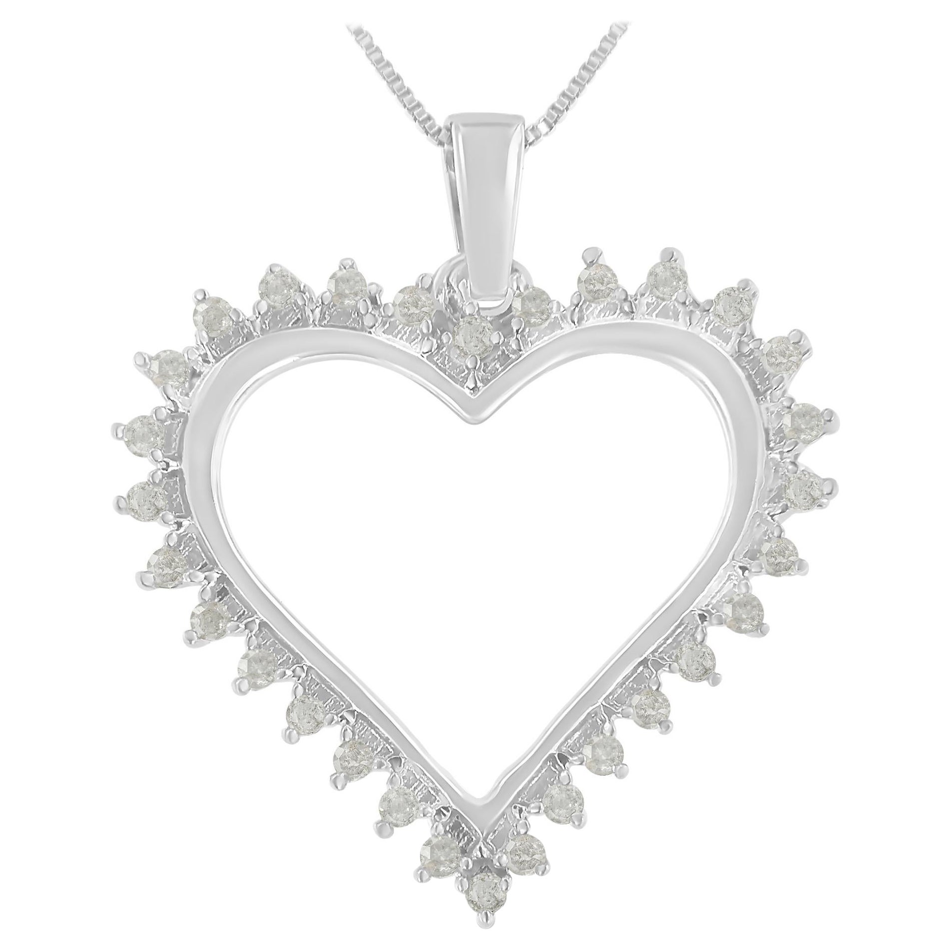 .925 Sterling Silver 1/4 Carat 3-Prong Diamond Open Heart Pendant Necklace For Sale