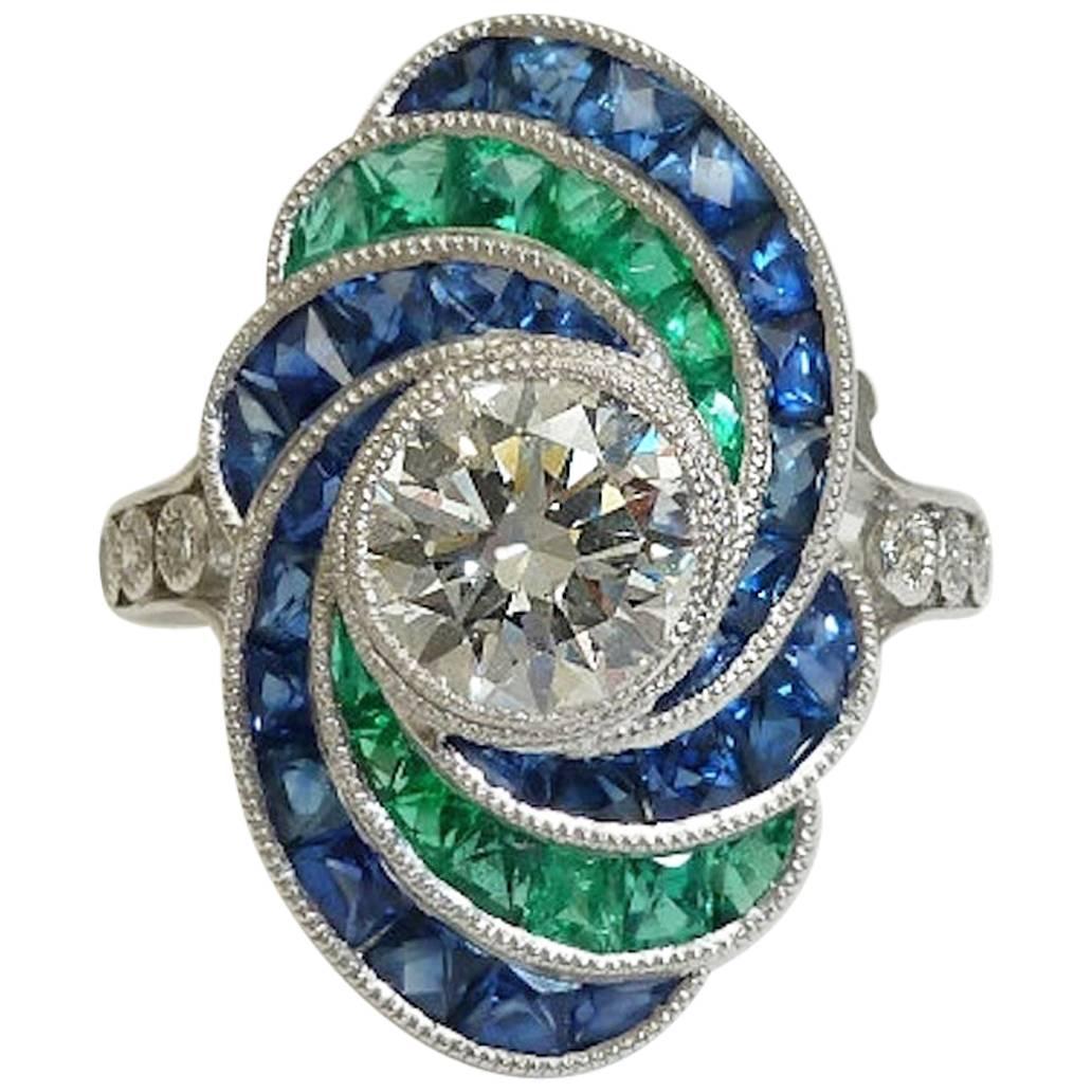 Platinum 1.20 Carat Diamond, Emerald, and Sapphire Ring For Sale