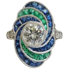 Platinum 1.20 Carat Diamond, Emerald, and Sapphire Ring