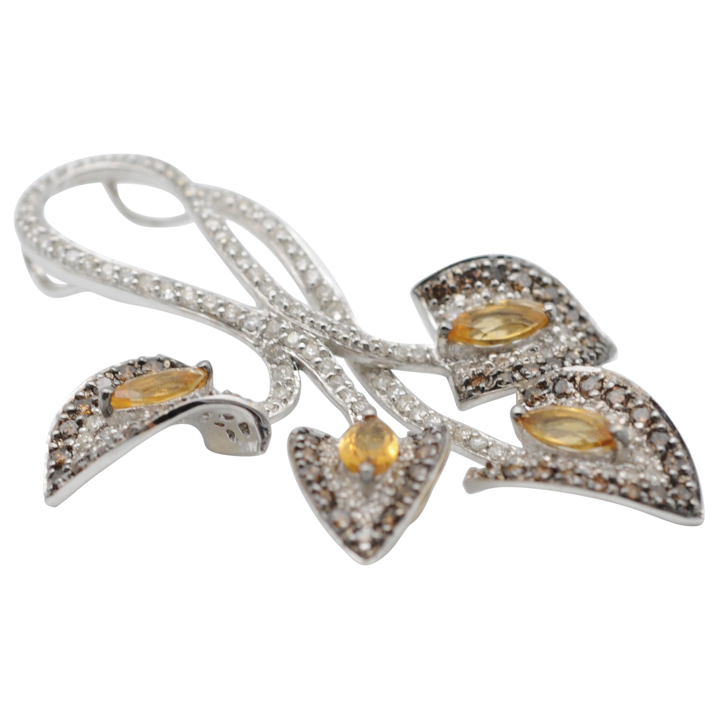 18k White Gold Pendant with Fully Set Diamonds and Navette-Cut Citrines For Sale