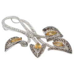 Pendentif en or blanc 18 carats avec diamants entièrement sertis et citrines taillées en navette