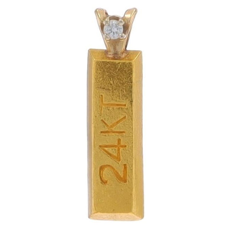 Yellow Gold Diamond Gold Bar Solitaire Pendant - 24k & 14k Round Brilliant For Sale