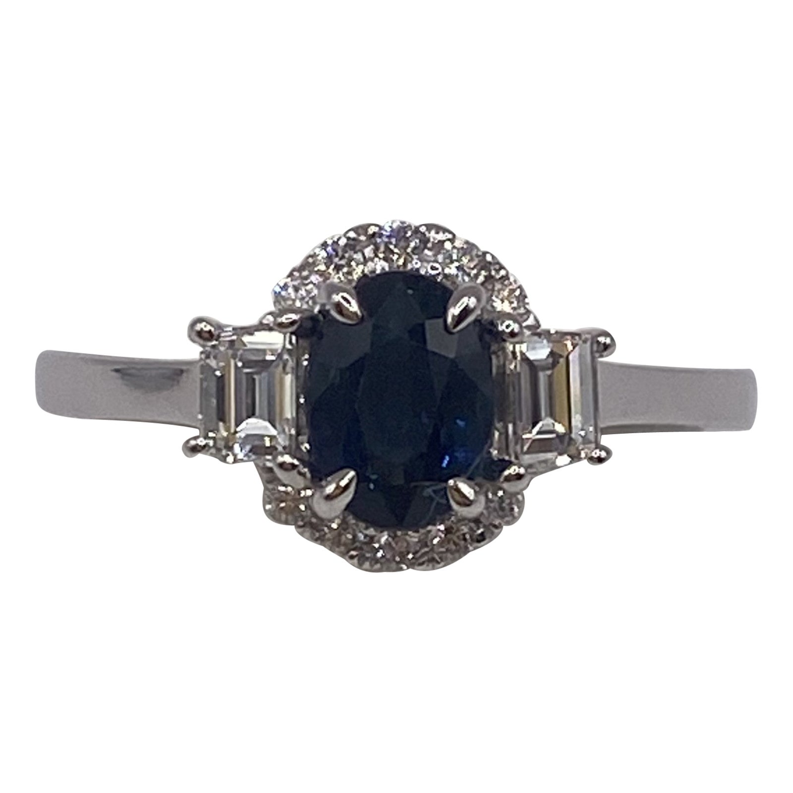 1.43ct Oval Sapphire & Trapezoid Diamond Ring in 18KT White Gold For Sale