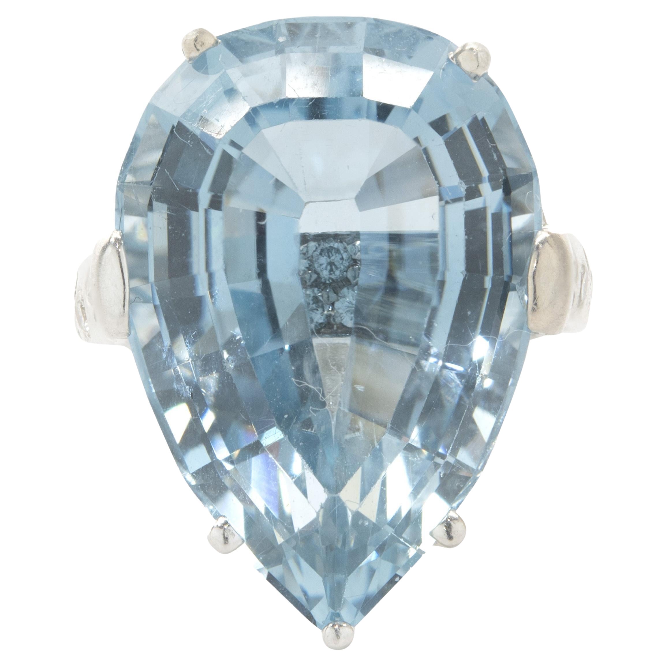 14 Karat White Gold Pear Aquamarine and Diamond Fashion Ring For Sale