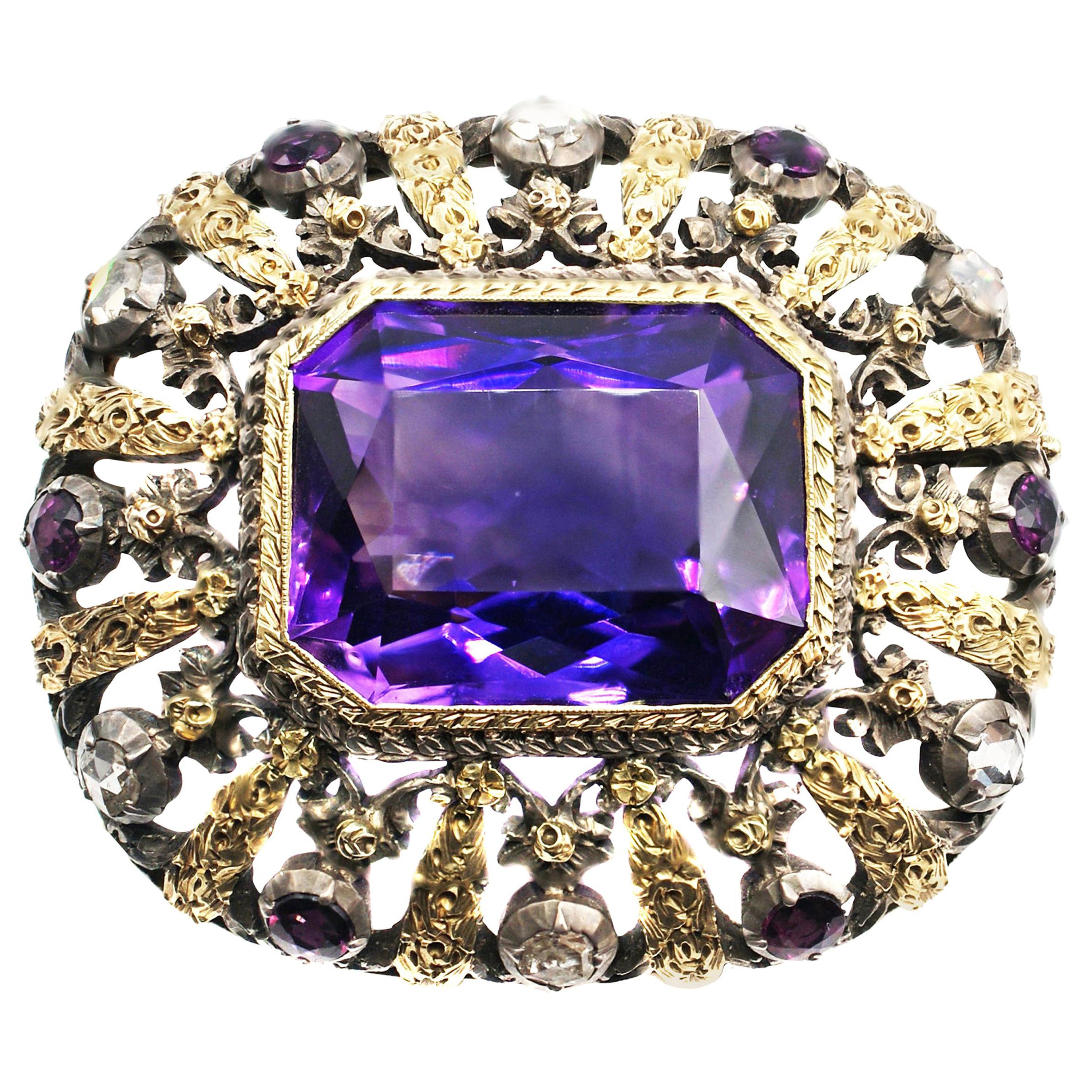 Antique Amethyst Rose Cut Diamond 18 Karat Gold Silver Brooch For Sale