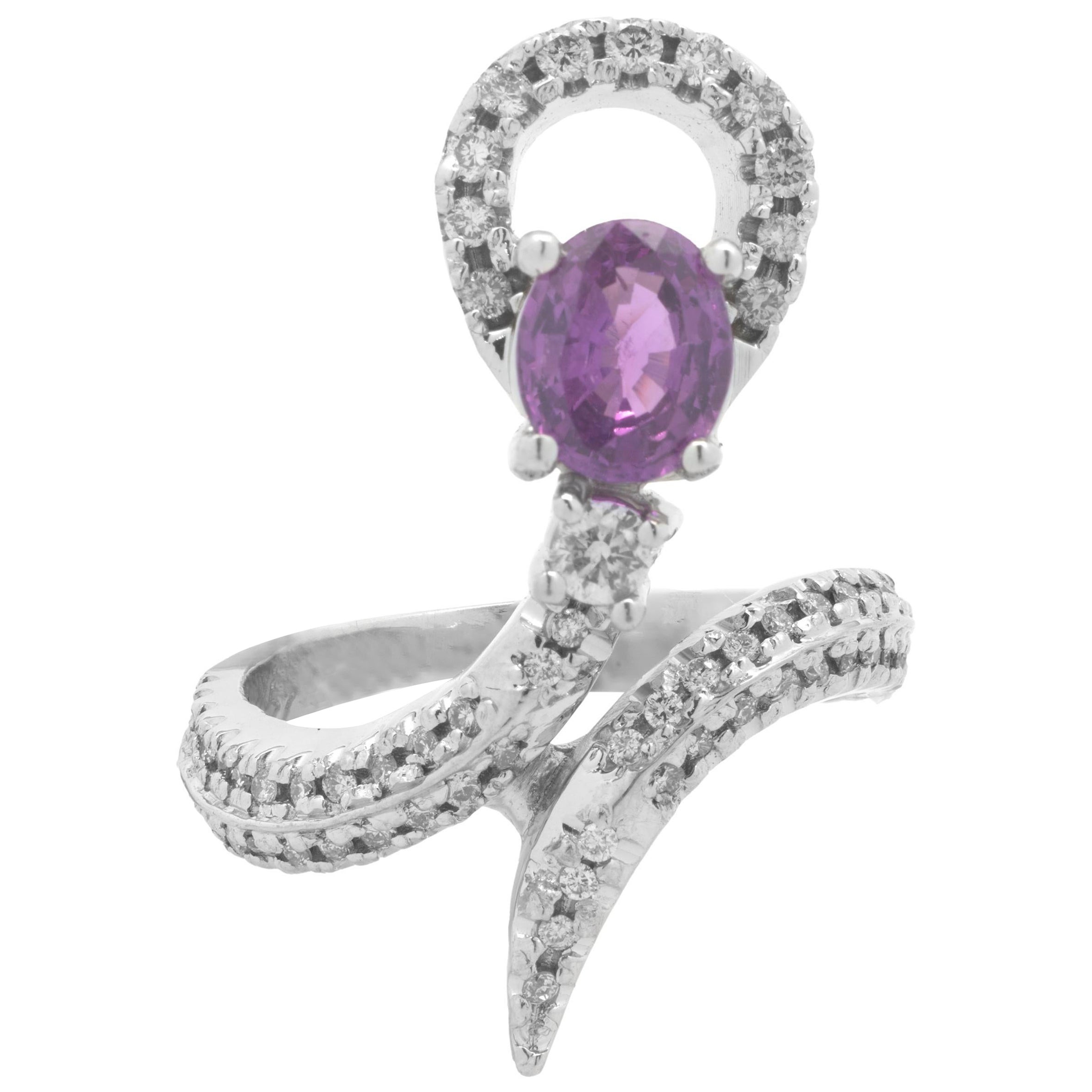 14 Karat White Gold Pink Sapphire and Diamond Snake Ring For Sale