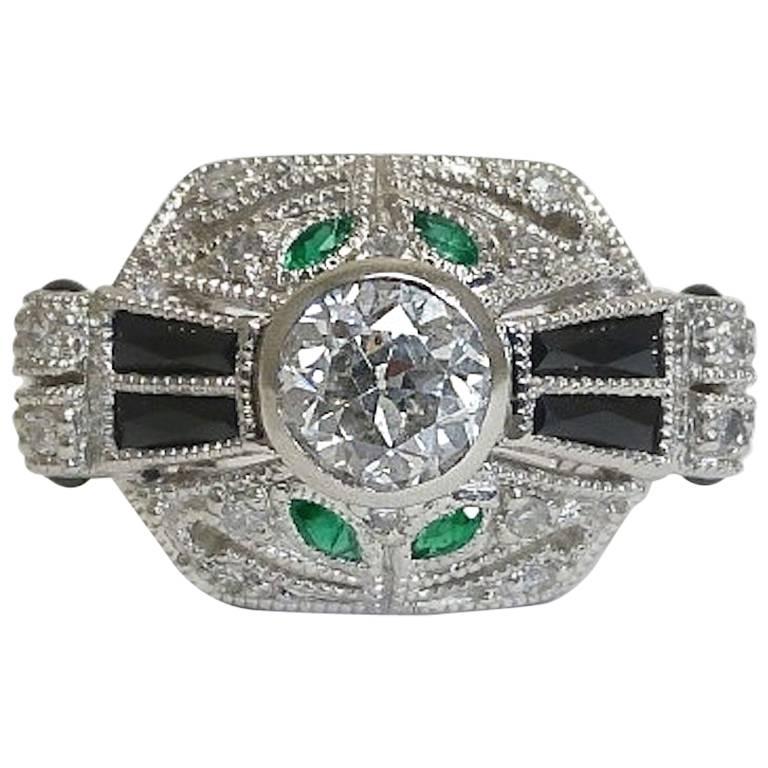 Platinum French Art Deco Diamond, Onyx, & Emerald Ring For Sale