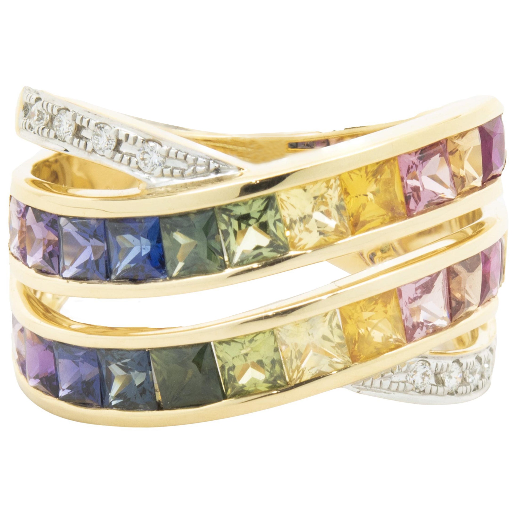 18 Karat Yellow Gold Rainbow Sapphire and Diamond Bypass Ring For Sale